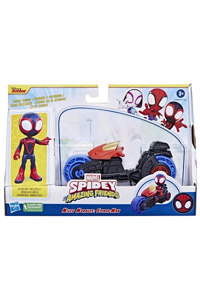 SPIDERMAN SPIDEY EXTRAORDINARY FRIENDS MOTORCYCLE SET AND MILES MORALES SPIDER MAN FIGURE 10CM