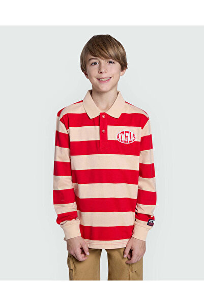 Ovs قميص بولو بأكمام طويلة بنقشة مخططة وتطريز "أثلس"