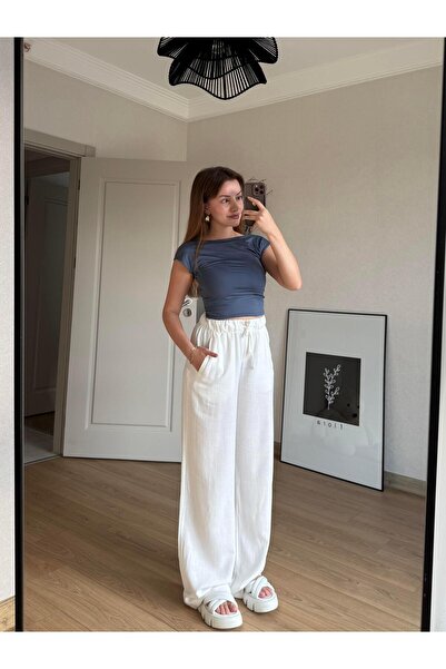 BAŞARAN Linen Elastic Palazzo White Pants
