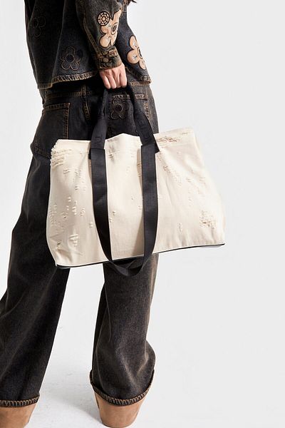 its basic Beige Color Denim Fabric Wear Detailed Hand and Shoulder Strap Design Bag