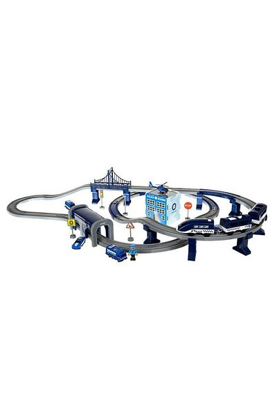 DDE Hungary Interactive Play Set with Police Station, Track with Tunnel and Bridge, 4 Cars, Helicopter, Train wi