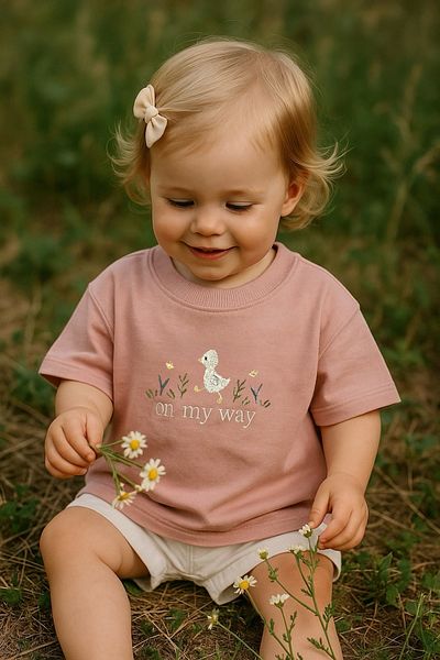 Mama Miel Baby Tricou oversize brodat cu rață - Dusty Rose 100% bumbac - Tricou oversize brodat cu rață pentru copii