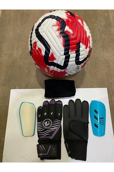 unes 5 No Red Patterned Football Goalkeeper and Shin Pads Set of 3 with Pump Gift