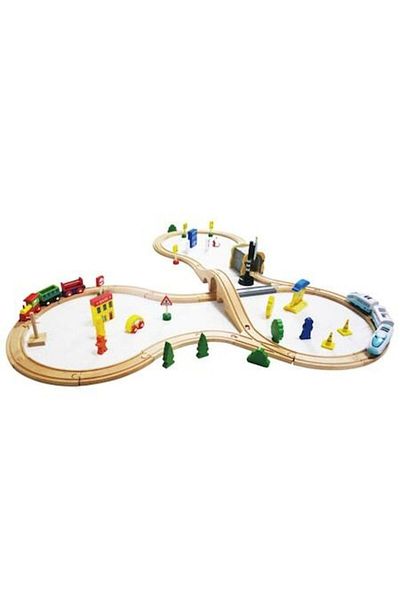 Ecotoys Wooden Track Set with Electric Train, Wagons and Accessories for Boys or Girls, 69 Pieces