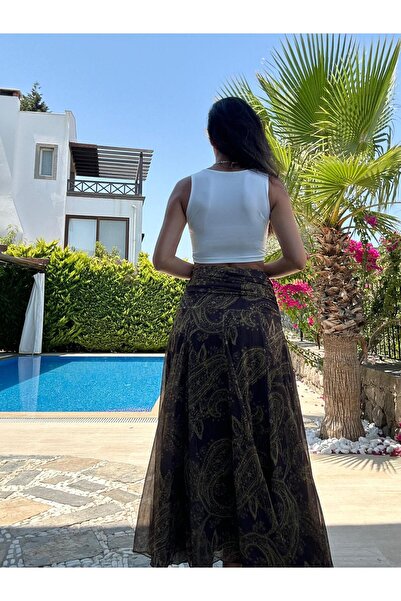 Atelier Derin Bitter Brown Shawl Pattern Chiffon Skirt