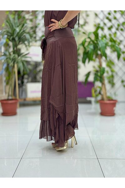 Punta Otantik Ls79796 Italian Silk Skirt with Tie Front Coffee