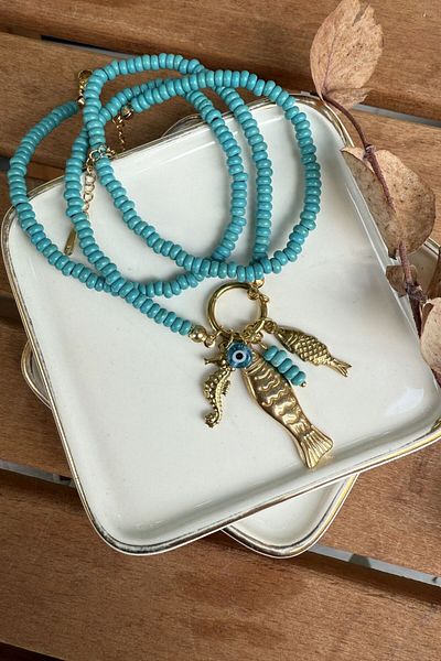 My Joyas Design Steel Blue Beaded Fish and Seahorse Charm Necklace 61cm