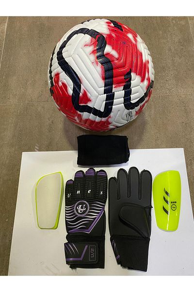 unes 5 No Red Patterned Football Goalkeeper and Shin Pads Set of 3 with Pump Gift