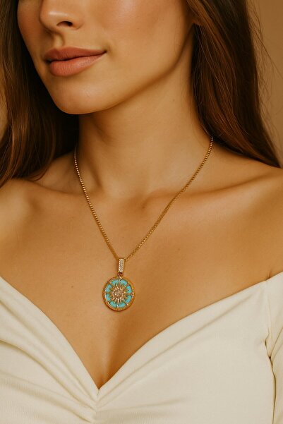 X-Lady Accessories Gold Color Green Enamel Round Sun Elevator Chain Steel Necklace - 3639