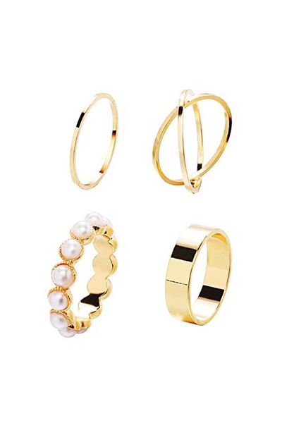 huitich Elegant 4-Piece Gold Color Tone Ring Set with Pearl Accent for Women