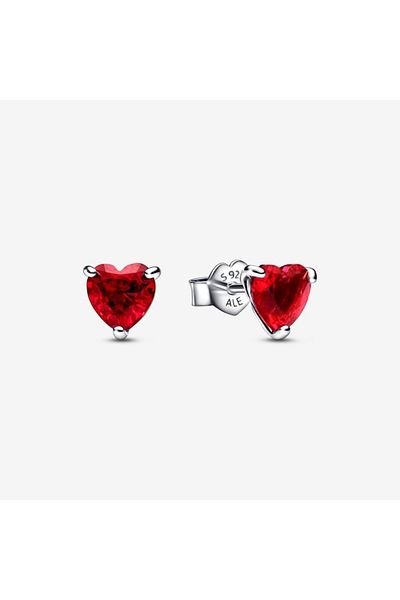 Pandora 925 Sterling Silver Heart Screw Earrings - Red