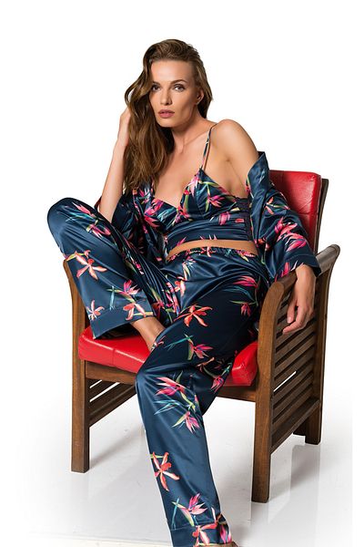 Stylish Stunning 3-piece satin nightgown in navy with delicate prints