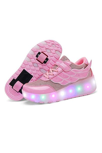huitich Pink Double-Wheel LED Roller Skate Shoes for Kids – Deformable Sneakers Size 29