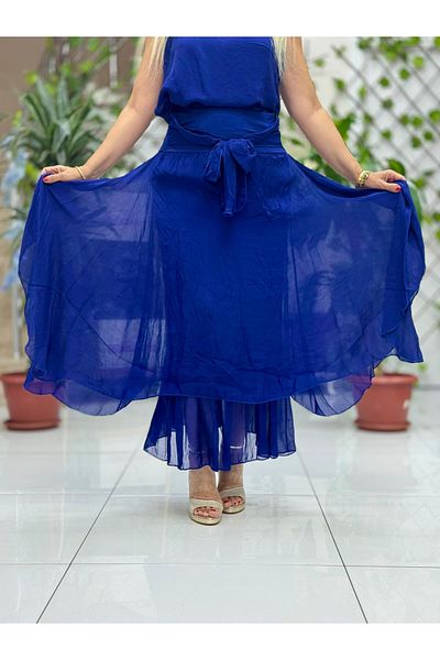 Punta Otantik Ls79796 Italian Silk Skirt with Tie Front Navy Blue