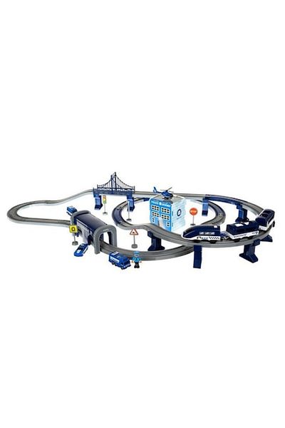 DDE Hungary Interactive Play Set with Police Station, Track with Tunnel and Bridge, 4 Cars, Helicopter, Train wi