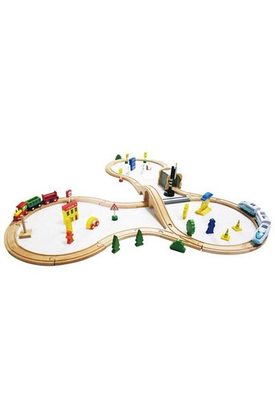 Ecotoys Wooden Track Set with Electric Train, Wagons and Accessories for Boys or Girls, 69 Pieces