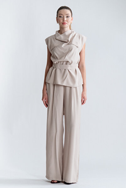 SEPANU COLLECTION Women's Degaje Collar Beige Blouse Trousers Set