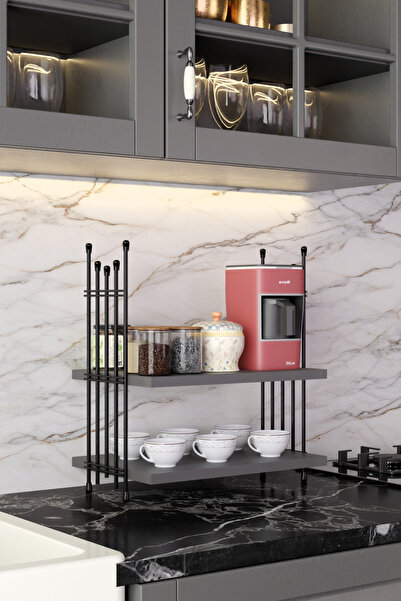 Modalanka 2 Katlı Siyah Metal Tel Mutfak Rafı Kahvelik Baharatlık Bardaklık Tezgah Üstü Düzenleyici Organizer