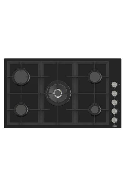 GL GENERAL Black Built In Glass 5 Burner Cooker, 90x52cm, Total Safety, Auto Fire, Cast iron support,