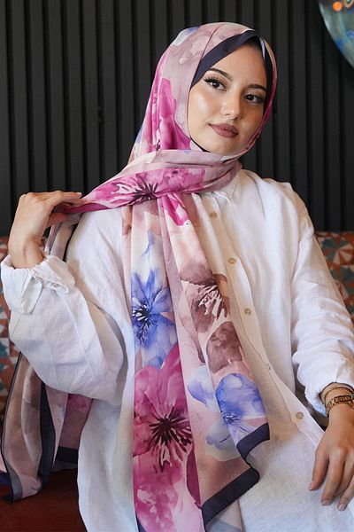 AFVENTE Magnolia Flower Pattern Navy Blue Soft Cotton Shawl