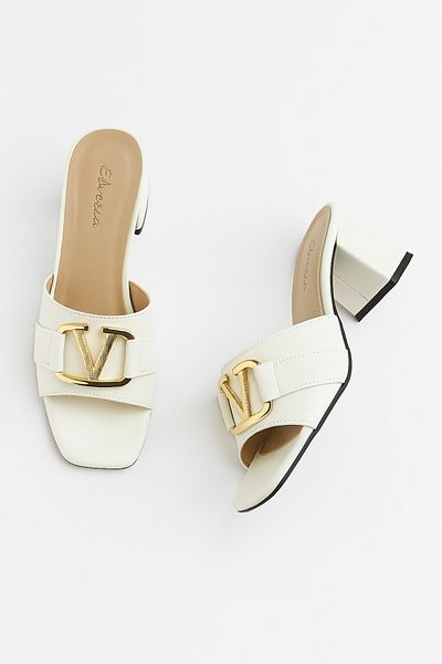 Elvessa Women's White Skin 5 cm Thick Heeled Slippers, Gold Buckle Stylish Daily Summer Shoes