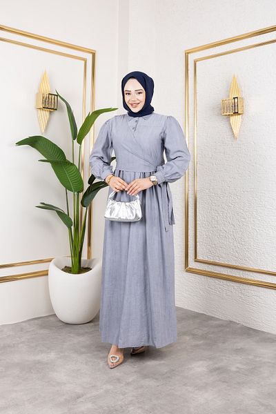 Viskosa Judge Collar Button Accessory Belted Waist Hugging Floor Detailed Comfortable Fit Hijab Dress