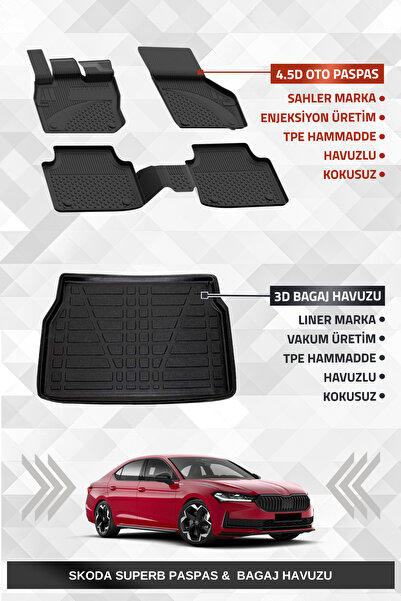 Sahler Skoda Superb 2024+ Uyumlu 4.5D Premium Havuzlu Oto Paspas ve Liner Mar...