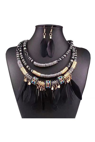 Choice Black Fashion Vintage Ethnic Feather Choker Necklace Earrings Set For Women Multilayer Nekclace Earr