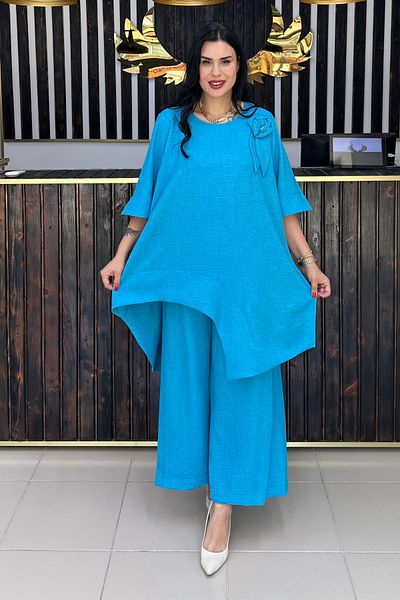 GÖKSEL Asymmetric Linen Suit with Flower Brooch Blue Large Size