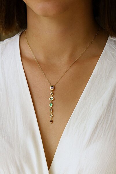 Çelik 7 Element Stone Gold Y Necklace
