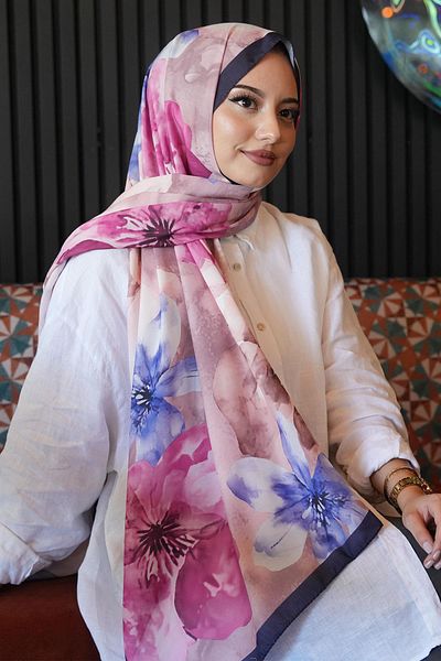 AFVENTE Magnolia Flower Pattern Navy Blue Soft Cotton Shawl