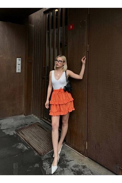 MetuCA Women's Orange Elastic Waist Ruffle Mini Skirt