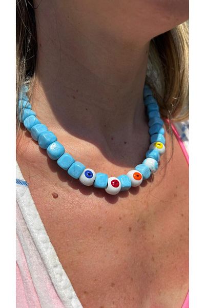 elamindunyasi Blue Basement Beads and Evil Eye Glass Beaded Necklace