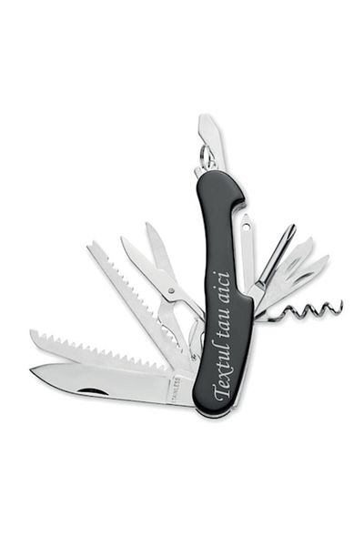 dalimag Briceag Multifunctional Negru Personalizat cu Textul Tau, 11 Functii, Otel Inoxidabil, 10.5X2X1 cm,