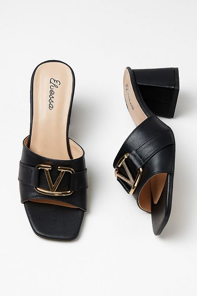 Elvessa Women's Black Skin 5 cm Thick Heeled Slippers, Gold Buckle Stylish Daily Summer Shoes