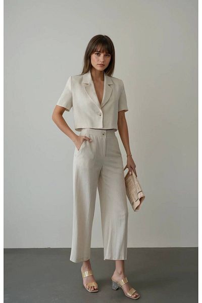 Melike Bakar Boutique Women's Short Sleeve Jacket Pants Two Piece Set