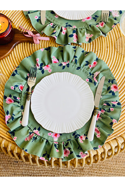 HOME OF BLOSSOM 2Li Yeşil çiçekli Duck Kumaş Yuvarlak servis