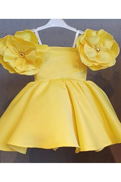 elego Çiçek Detaylı Sarı Renk Elbise