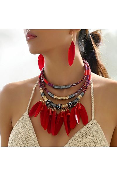 Choice Red Fashion Vintage Ethnic Feather Choker Necklace Earrings Set For Women Multilayer Nekclace Earrin