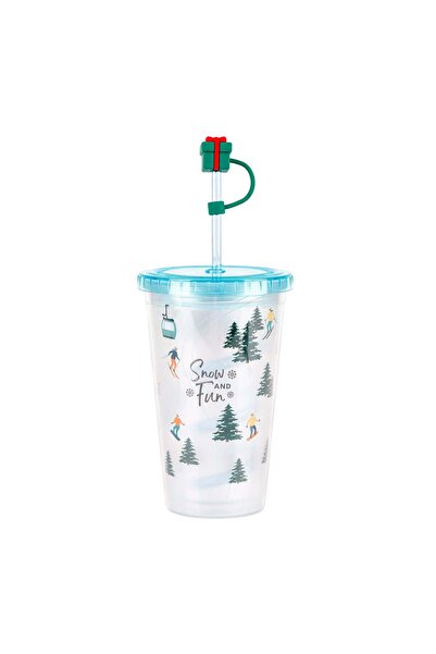 Midi كوب بلاستيكي مع غطاء مزخرف بقشة واحدة