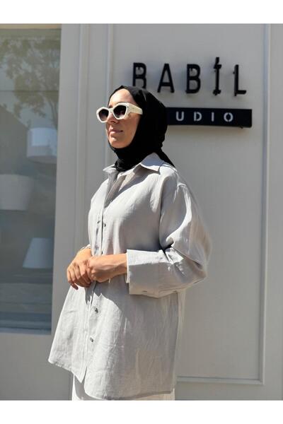 QOOQ STORE 25SS212 Keten Basic Kadın Gömlek Gri