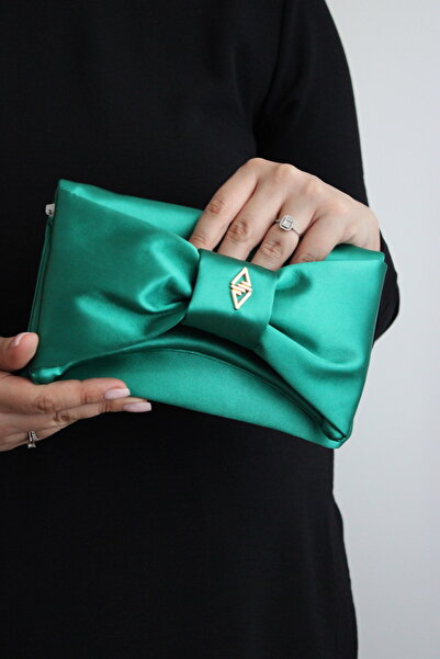 mossi Aron Atelier Satin Faux Leather Bow Detailed Chain Strap Evening Dress Clutch Bag