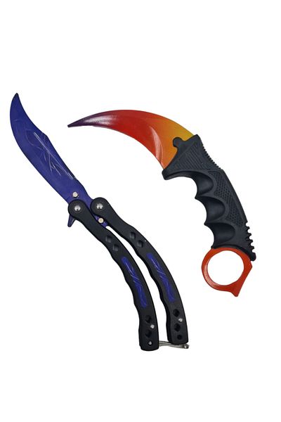 dalimag Set cuțit fluture și Karambit Counter-Strike, antrenament, 24 cm, oțel albastru și decolorare