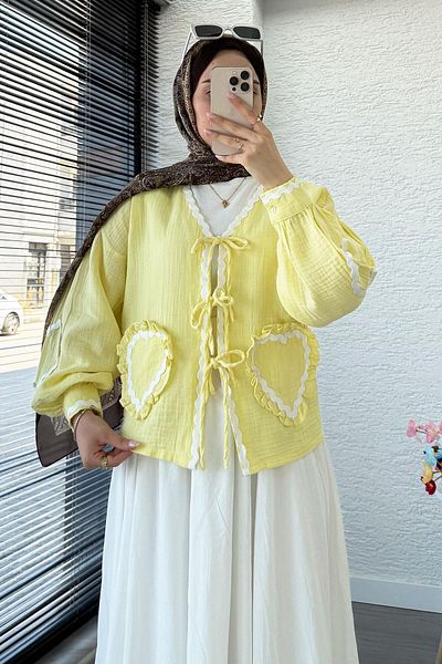 MELEK ARAZ Heart Form Stitched Muslin Tie Kimono -Yellow