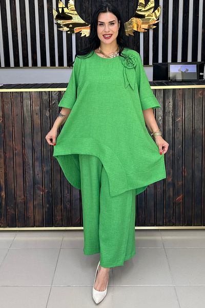 GÖKSEL Asymmetric Linen Suit with Flower Brooch Green Large Size