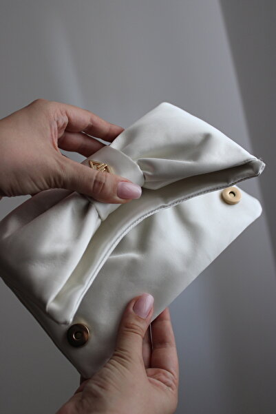 mossi Aron Atelier Satin Faux Leather Bow Detailed Chain Strap Evening Dress Clutch Bag