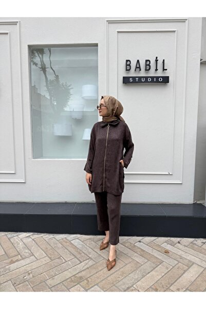 Invee 7135 Women's Suit with Sleeve Detail Brown