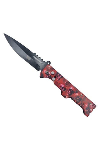dalimag Cuțit cu lamă automată și buton, 21 cm, mâner dreptunghiular, design craniu, roșu,