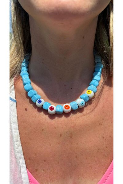 elamindunyasi Blue Basement Beads and Evil Eye Glass Beaded Necklace