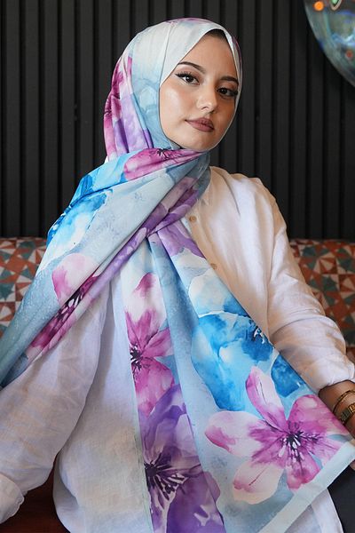 AFVENTE Magnolia Flower Pattern Blue Soft Cotton Shawl